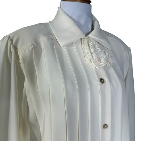 Vintage 80s Ivory Tie Neck Pleated Bouse by Ms. Chaus large - Picture 3 of 9